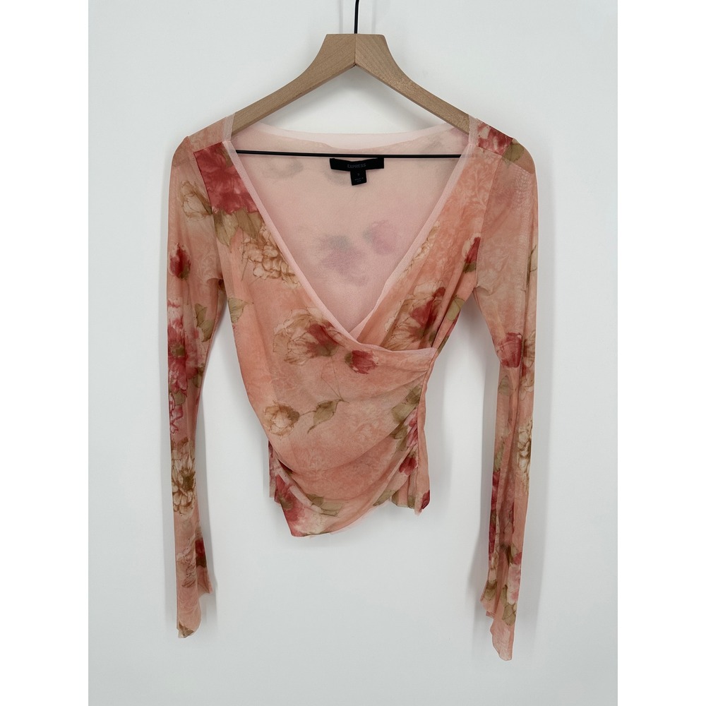 Express Top Womens S Pink Floral Micro Mesh Surplice Ruched Sheer Y2K Vintage